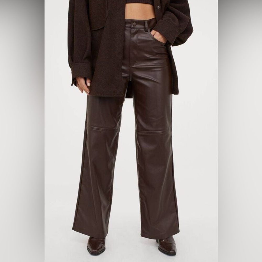 Zara Faux Leather dark Brown wide leg pants size large